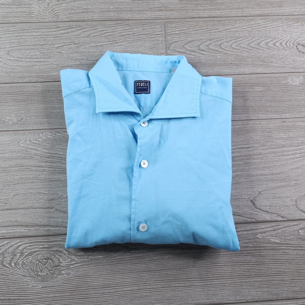 Fedeli Dress Shirt Men's 42 16.5 Blue Button Down Cotton Stretch Made In Italy